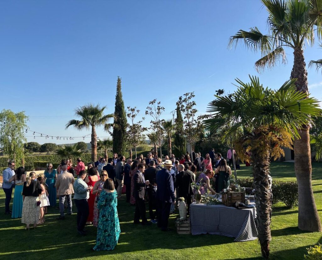 Invitados de pie durante el cóctel de una boda al aire libre, en un jardín con palmeras y mesas de aperitivo